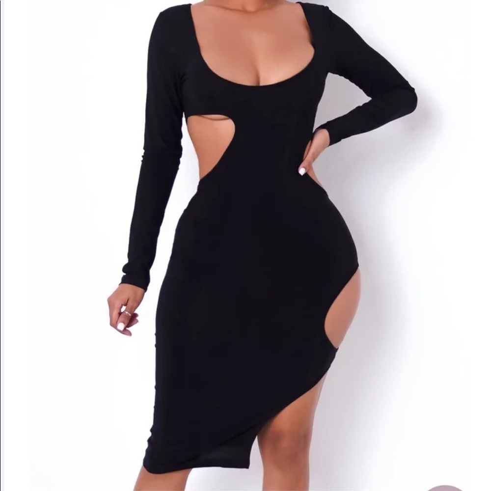 Fitted Black Cut Out MIDI Dress
